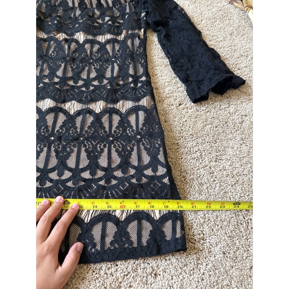 Crystal Doll Black Lace Bell Sleeve Mini Dress Nude Lining Boat Neck Womens M - Picture 6 of 11